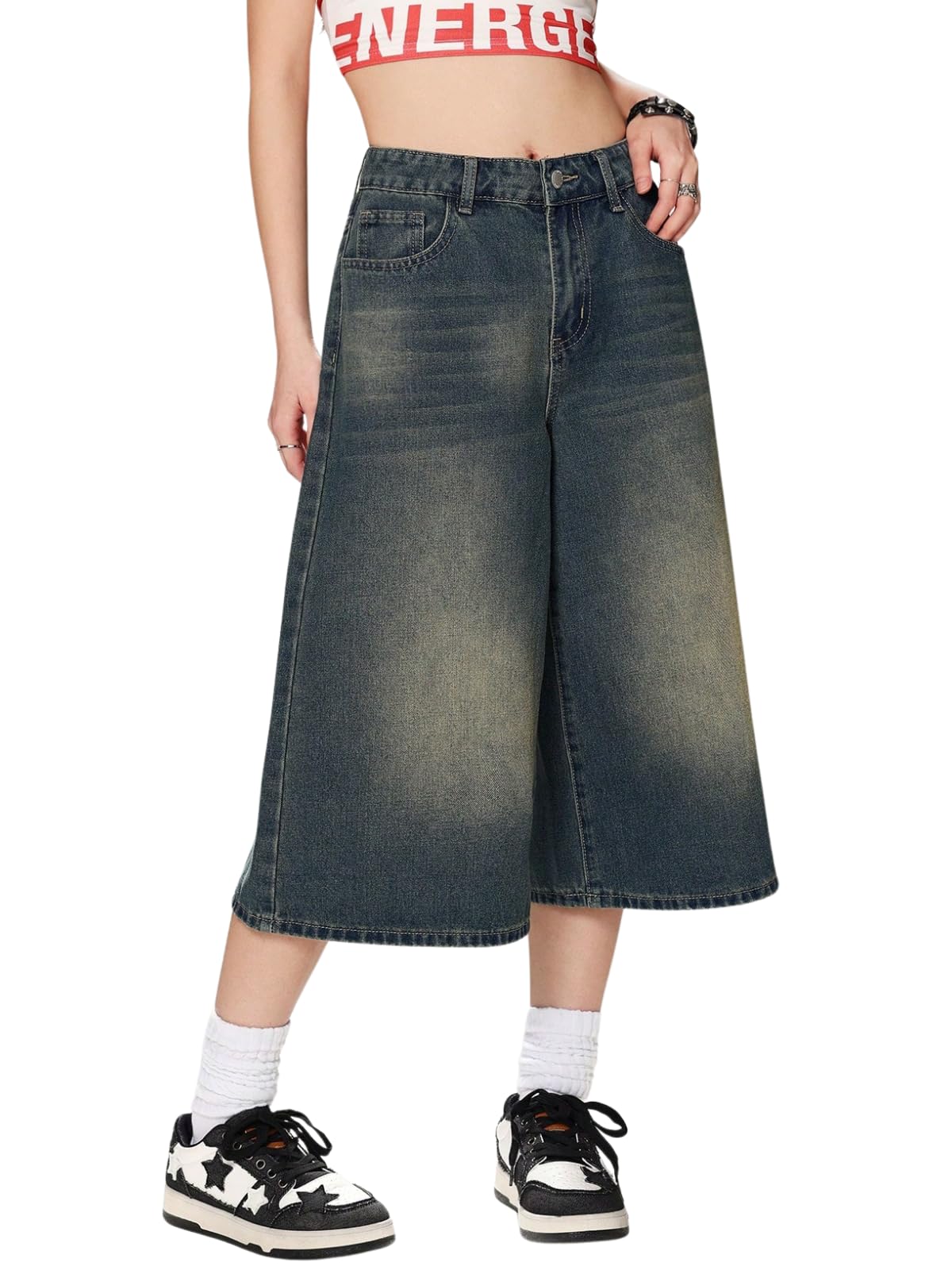 greciilooks Women Below Knee Wide Leg Fit | Vintage Washed Denim | Relaxed Everyday Wear | Zip Button Closure | Soft Cotton Blend-picture-10