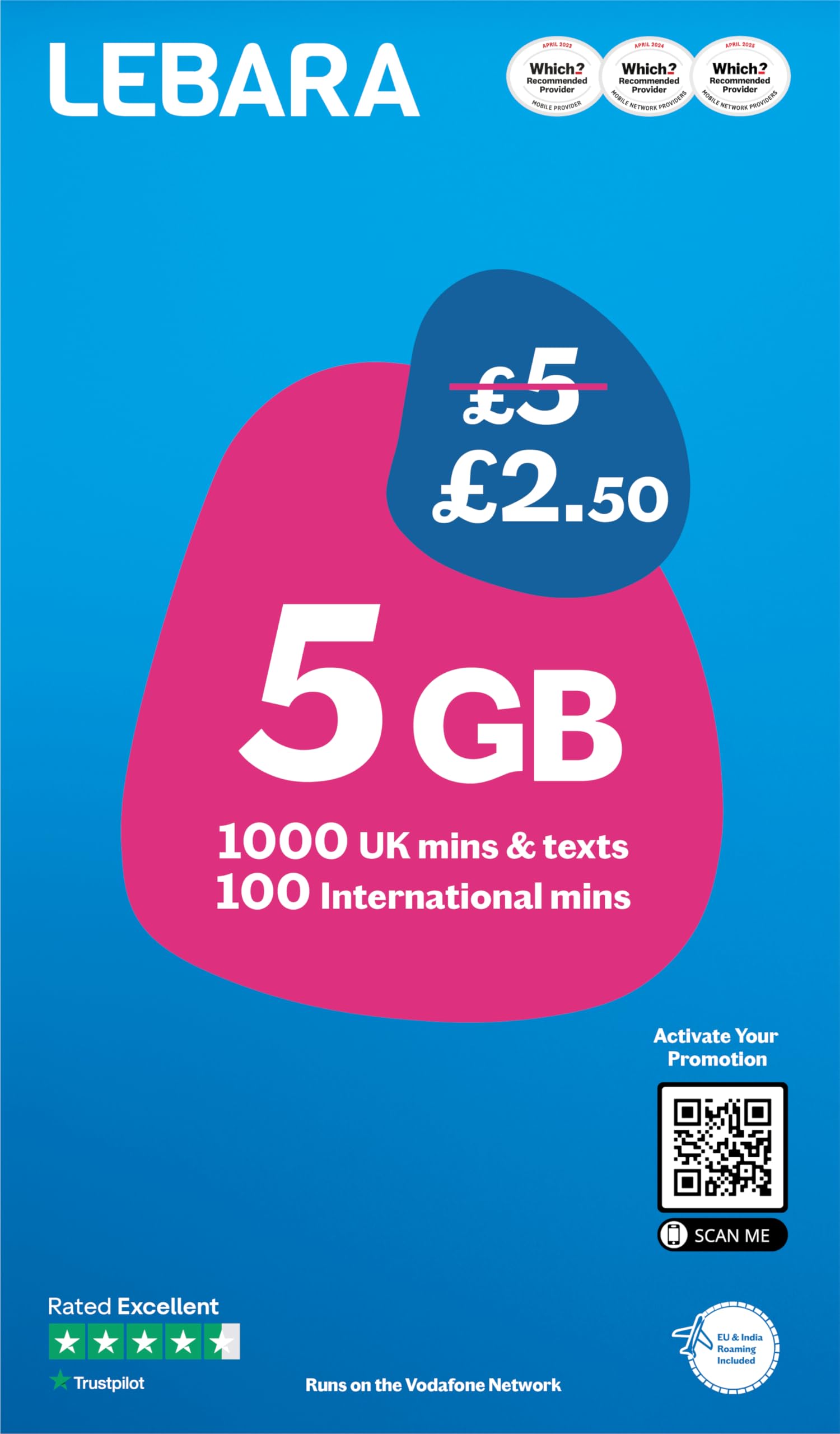 Sponsored Ad – Lebara Mobile SIM Card with 5GB Data Plan for £2.50, Half Price for First 3 Months, No Contract, UK Calls, Texts, International Minutes, EU and India Roaming Included