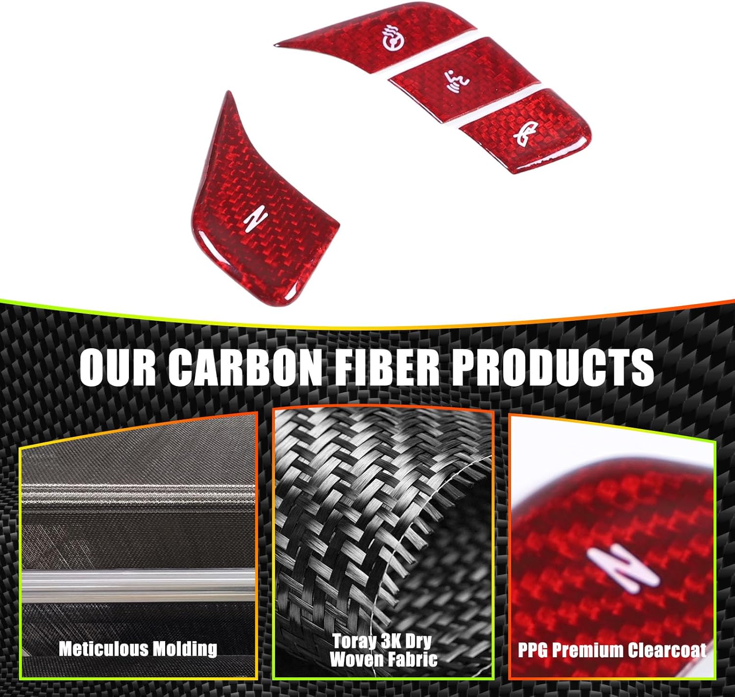 Dry Carbon Fiber Central Control Steering Voice Button Molding Cover for Corvette C8 2020-2024 2025 Accessories 4PCS Center Steering Control Button Trim Cover with Heated Button Interior Sticker (Red)