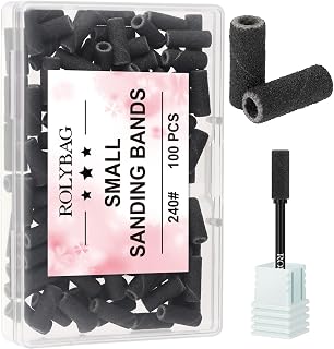 Rolybag 100pcs Small Sanding Bands Nail Drill Bits 240 Extreme Fine Grit Nail File Sanding Bands with 3.1mm Mandrel Bit for Acrylic Nails Gel Removing Shaping Professional Manicures and Pedicure,Black