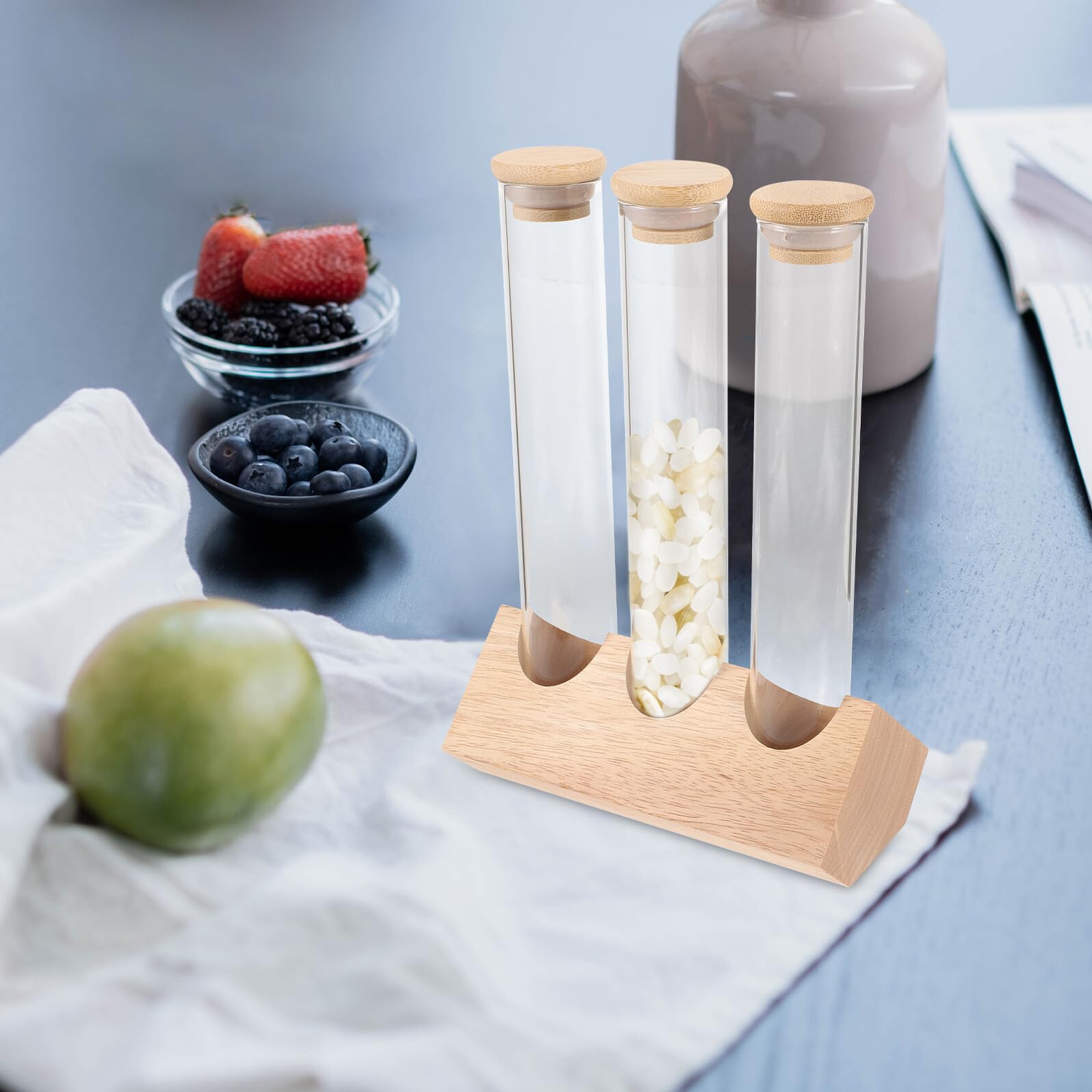 Reagenzglas-Aufbewahrung mit Holzregal, luftdicht, multifunktionale Gläser für Kaffeebohnen, Tee, Gewürze, Küche und Café, Verwendung von dicken Glasbehältern zum Einkochen von Zutaten
