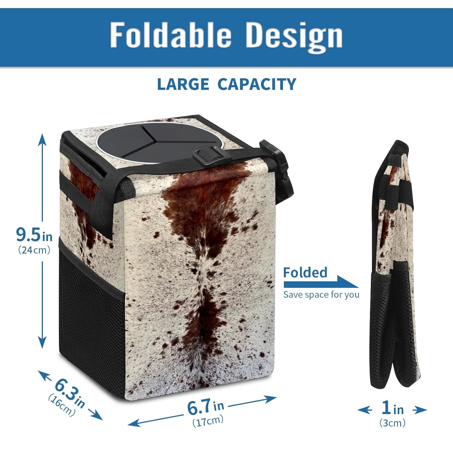 Western Brown Cow Print Car Trash Can with Lid Collapsible Reusable Waterproof Car Garage Bag,Automotive Garbage Can,Car Accessories Interior Car Organizer