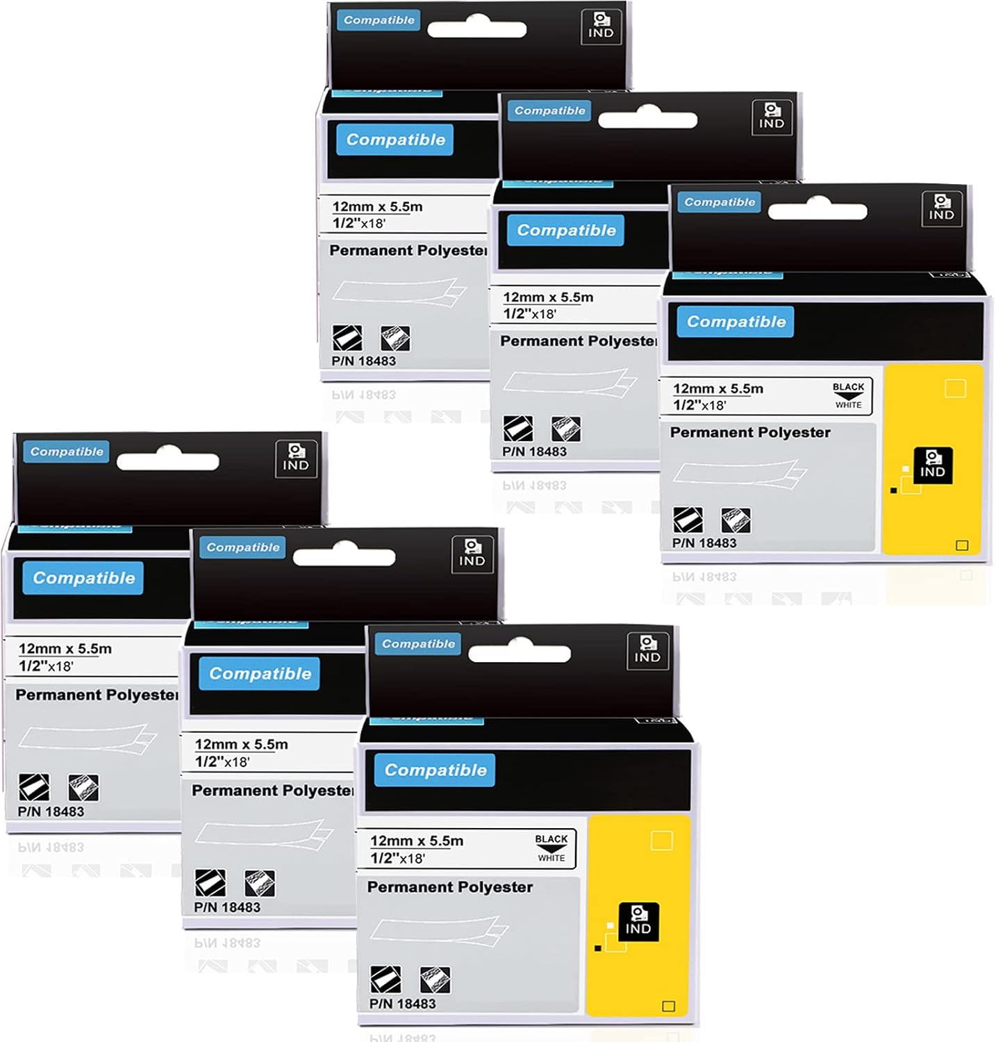 Aonomi 18483 a18483 Industrial Label Tapes Replacement for DYMO Rhino 18483 1/2" 12mm Black on White Permanent Polyester Label Tapes for DYMO Rhino 4200, 5200, 5000, 6000 Industrial Label Maker,6-Pack