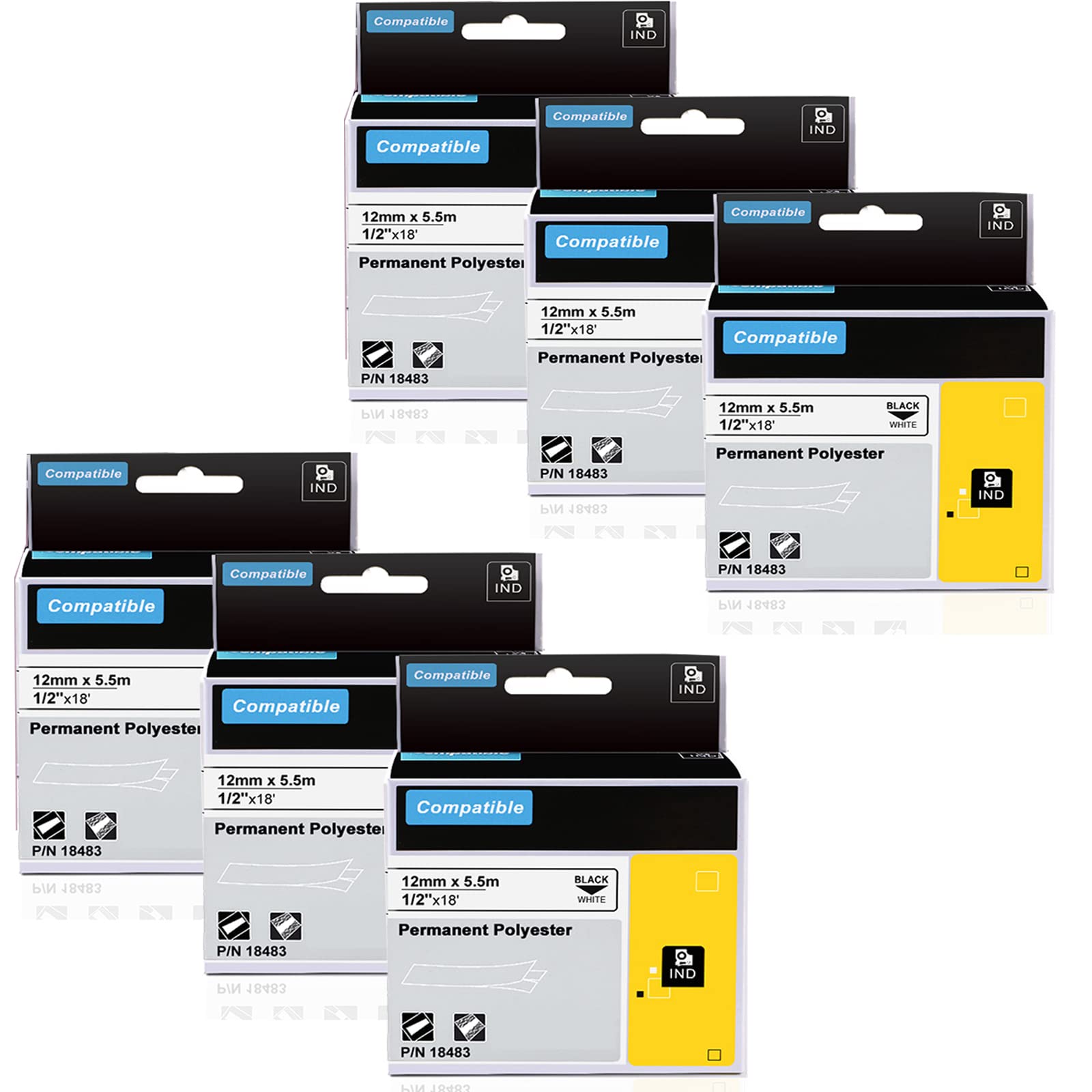 AONOMI6-Pack Compatible Permanent Polyester Label Tapes for DYMO 18483 1/2" x 18' Industrial Label Tapes Replacement for DYMO Rhino Label Maker 4200, 5200, 5000, 6000, Black on White