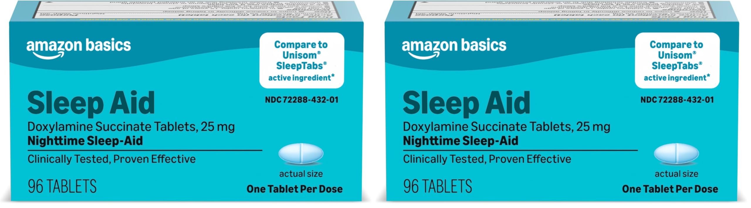 Amazon Basics Nighttime Sleep Aid Tablets for Adults, Doxylamine Succinate 25 mg, 96 Count (Pack of 2) (Previously Care)