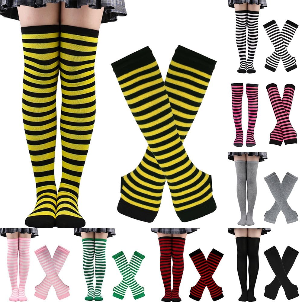 Striped Overknee Socks and Fingerless Gloves Set for Women Girls Long Stockings, Arm Warmers for Cosplay Striped Knee Socks - Image 2