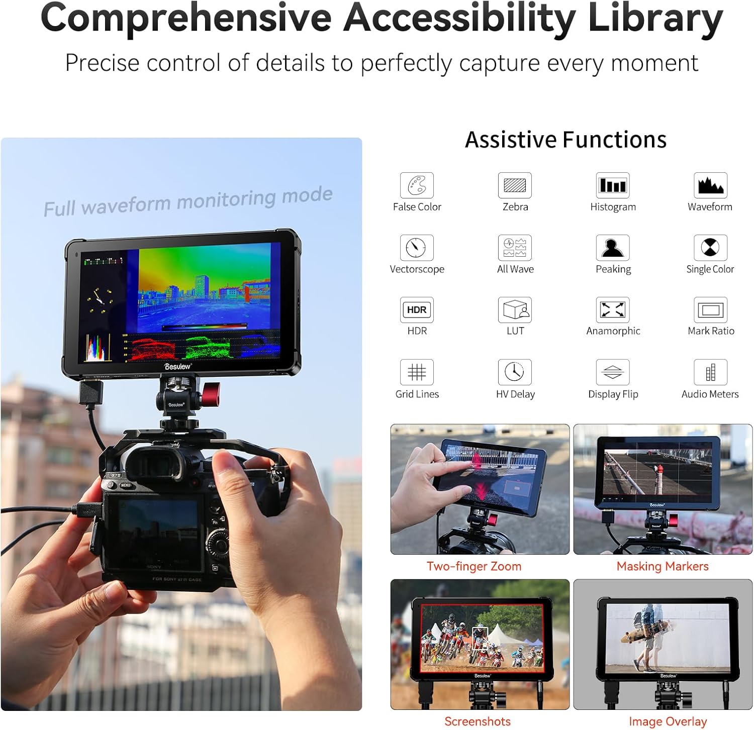 Desview OL7 Camera Field Monitor 7 inch OLED Touch Screen Camera Monitor with 3D LUT HDR Waveform Video Peaking Focus Assist 4K HDMI Input Output for DSLR