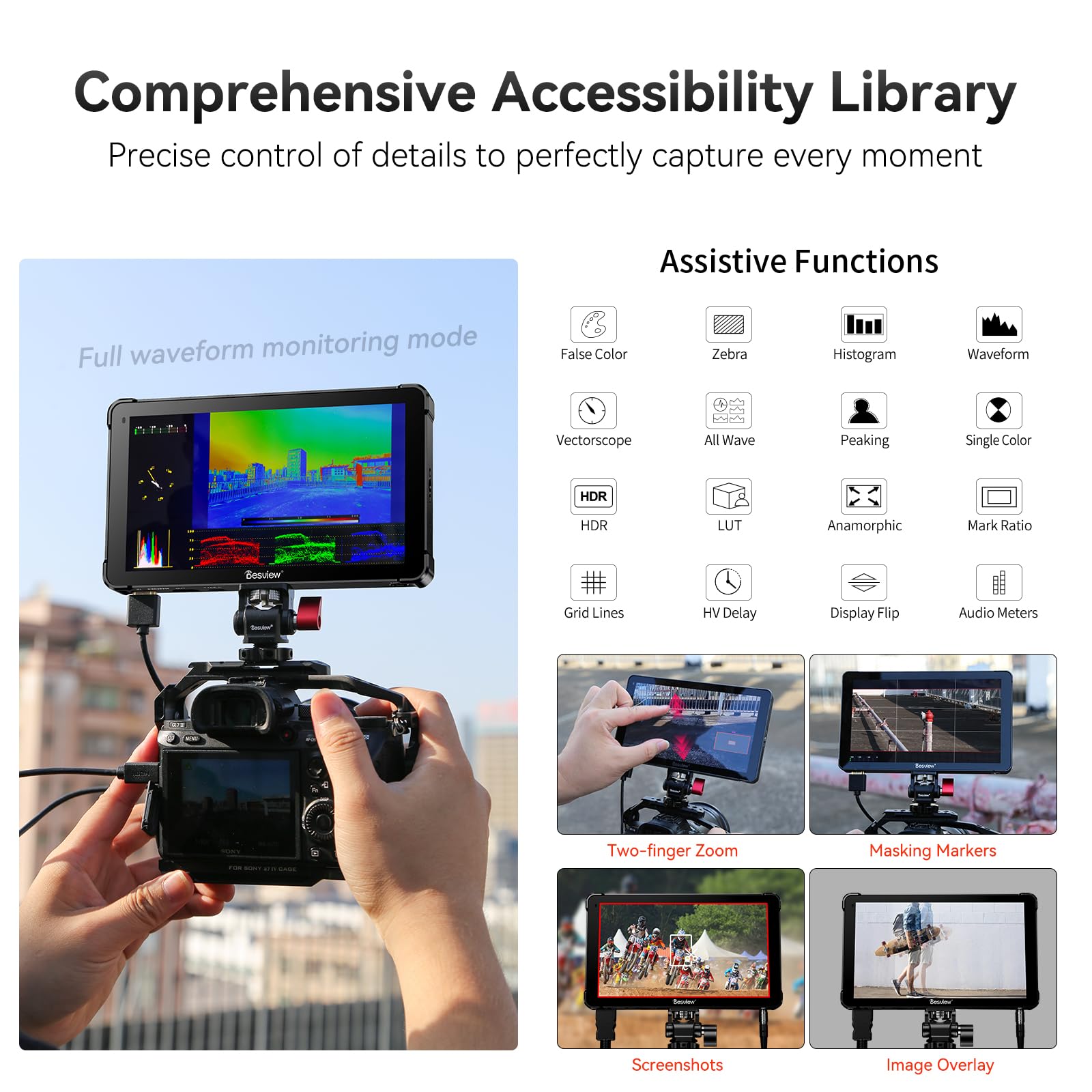 Desview OL7 Fotocamera Field Monitor 7 ", 1200 nits OLED Touch Screen Fledmonitor 4K HDMI con 3D LUT HDR Forma d'onda Istogramma Peaking Focus Full Funzione per videocamera DSLR