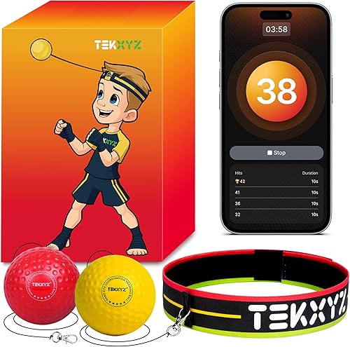 Miniatura 11 de TEKXYZ® Pelota de reflejos con aplicación contadora y comunidad en línea, 2 niveles diferentes de pelota de boxeo con diadema, perfecta para Rosado