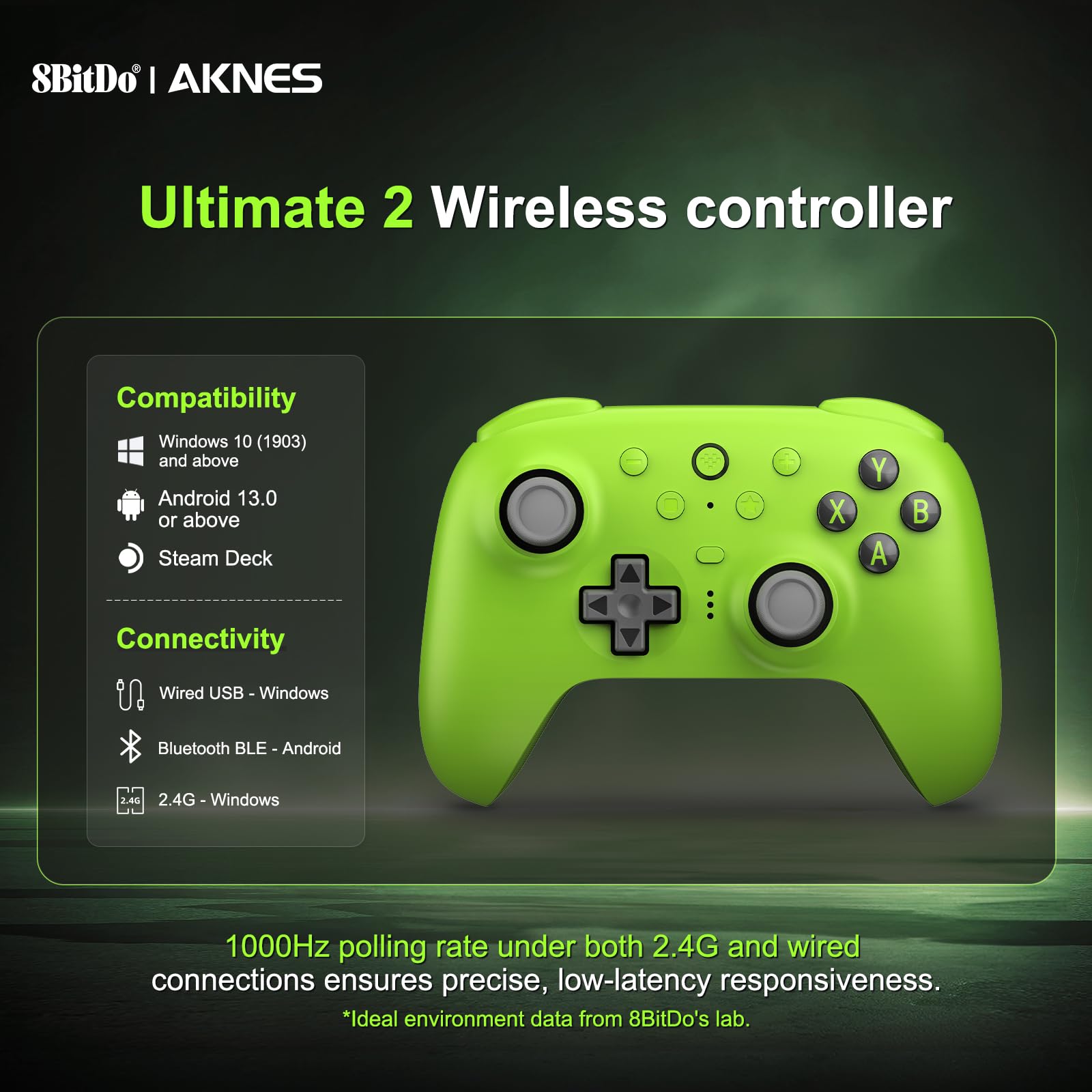 8Bitdo Ultimate 2 Mando Inalámbrico para Windows/Android/Steam (Verde) | Joysticks TMR, 1000Hz Polling Rate, Gatillos Táctiles/Hall, Botones Programables L4/R4 y 2 Traseros, Batería 1000mAh
