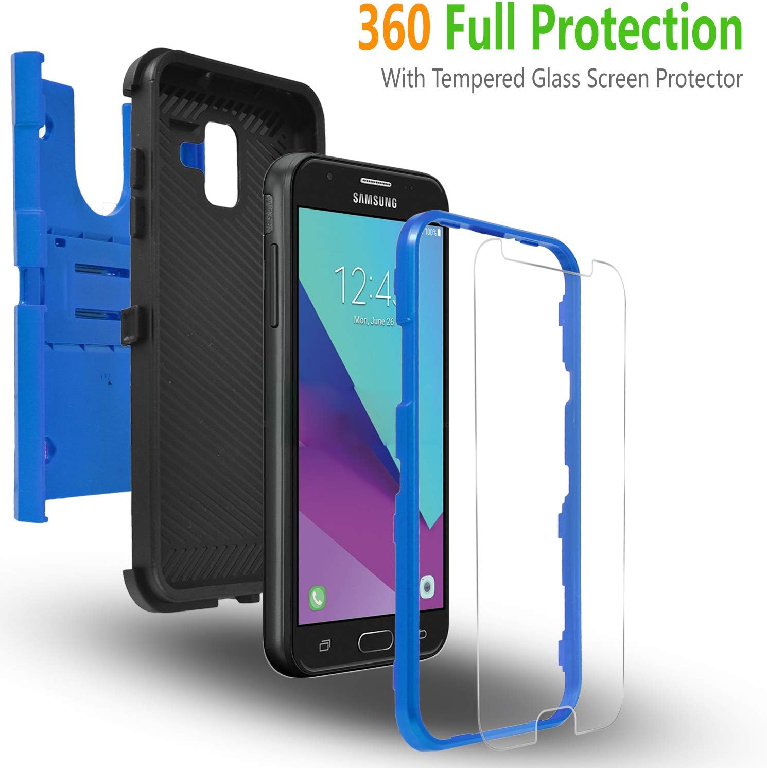 Galaxy J3 Luna Pro/J3 Eclipse/J3 Emerge/J3 Mission/J3 Prime/Express Prime 2/Amp Prime 2/Sol 2/J3 2017 Case, with Tempered Glass Screen Protector, Heavy Duty Cover and Kickstand Belt Clip-Blue