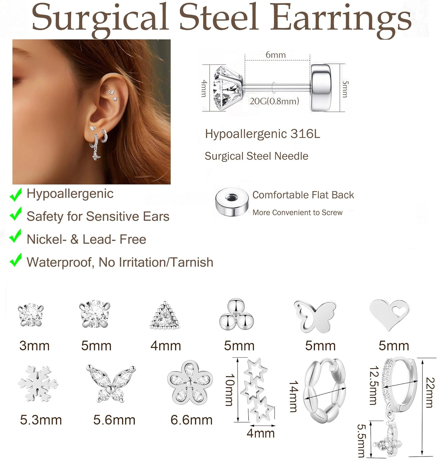 Wgoud 12 Pairs Hypoallergenic Surgical Steel Earrings for Sensitive Ears Waterproof Trendy Gold Plated Small Stud Flat Back Stainless Steel Earrings for Women Men Hoop Cartilage Earring Set for Multiple Piercing - Image 6