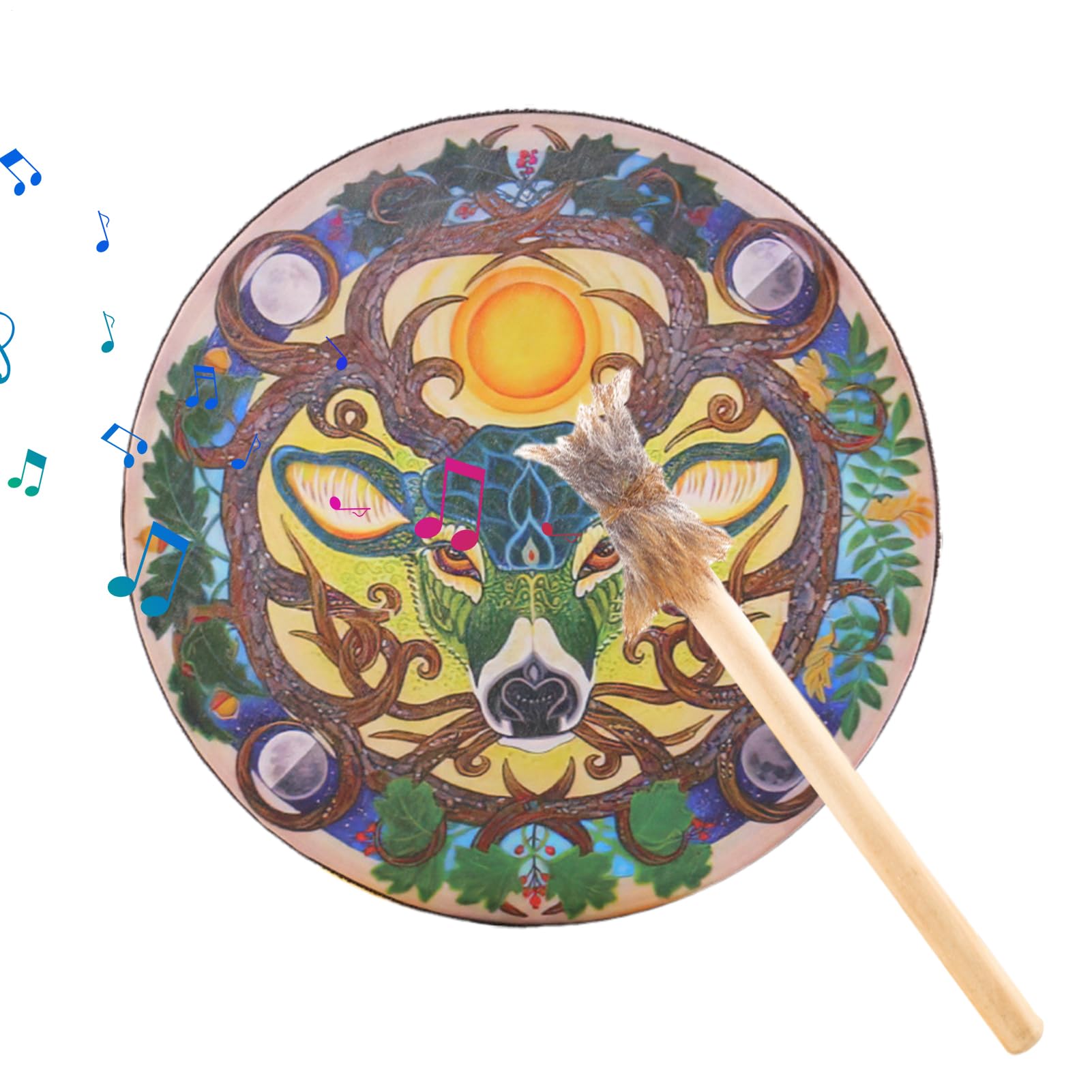 Auténtico tambor chamán, tambor de cabeza de de 9 pulgadas, 9.84 x 9.84 x 1.97 pulgadas, batería hecha a mano con piel natural, instrumento musical espiritual con resonancia profunda, tambores