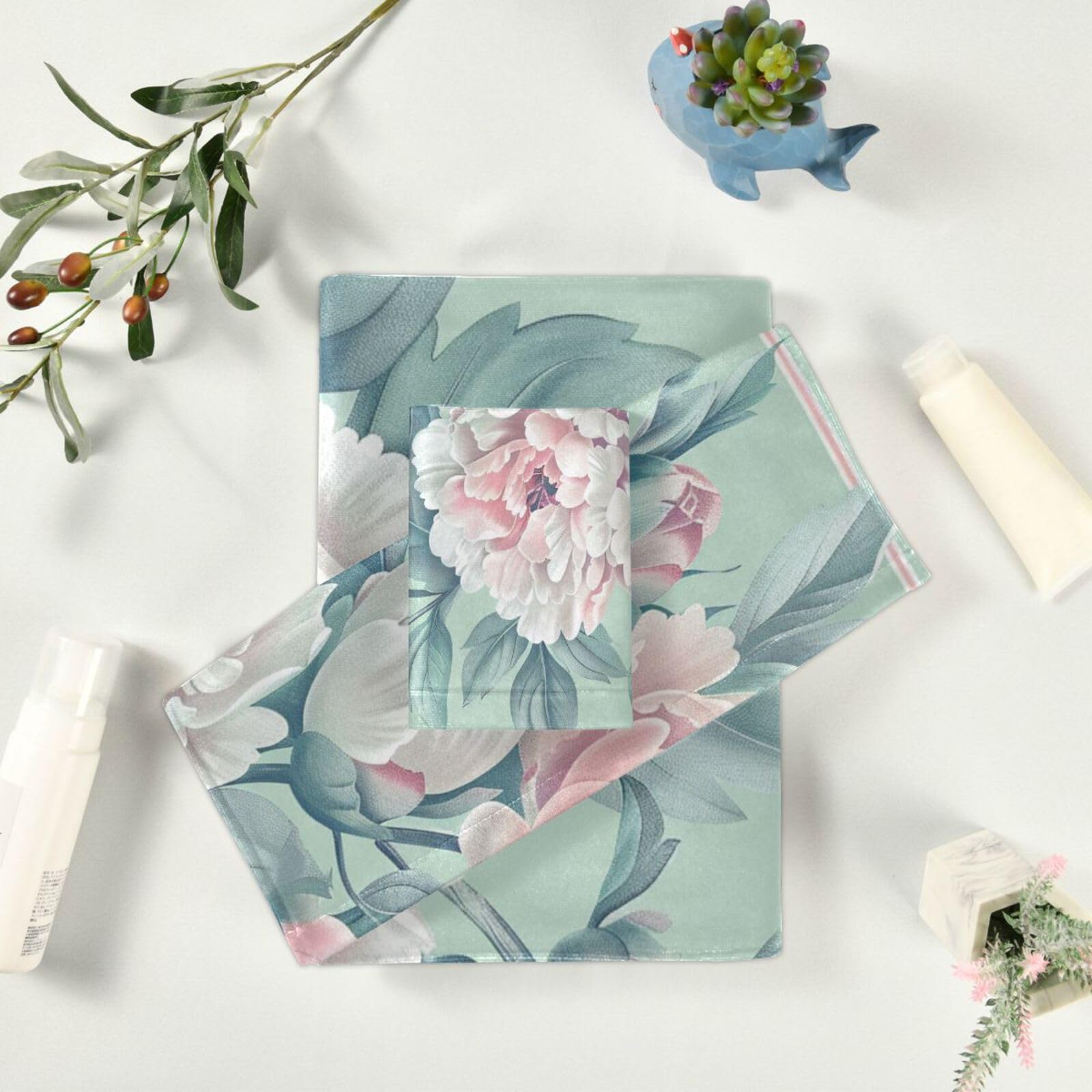 Set di 3 asciugamani da doccia in stile bohémien, motivo floreale verde, 1 asciugamano da bagno, 1 asciugamano per le mani, 1 panno per la casa, cucina e famiglia