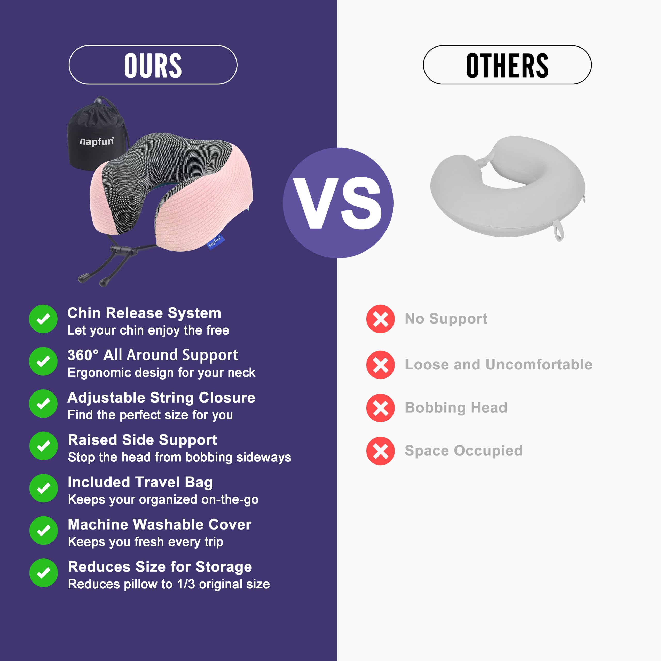 napfun Neck Pillow for Travel, Memory Foam Airplane Pillow, Pink view 4
