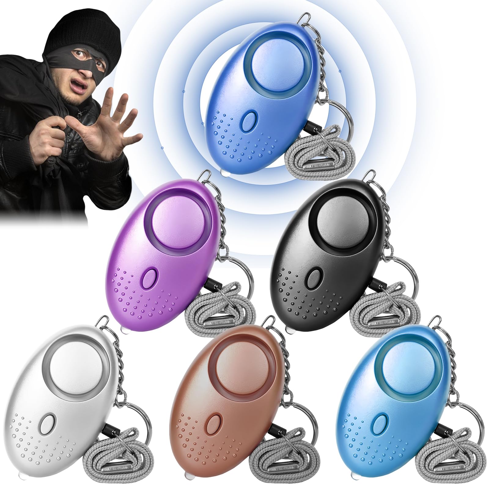 6 alarmas personales, alarma de bolsillo de 130-135 dB con luz LED, alarma de defensa personal, llavero de seguridad (negro, morado, plata, azul, oro rosa y azul agua)