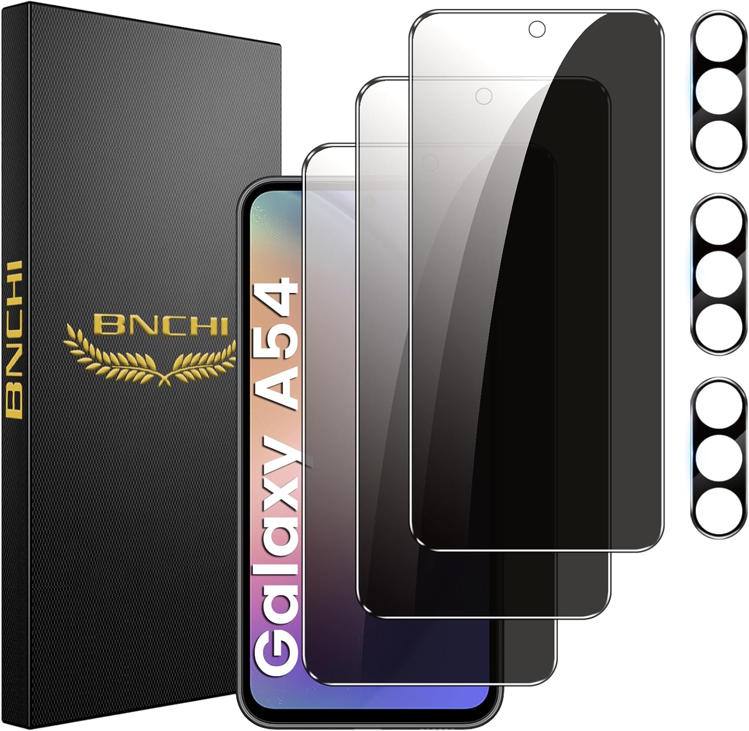 BNCHI 3+3 Pack for Samsung Galaxy A54 5G Privacy Screen Protector with 3 Pack Camera Lens Protector, Anti-Spy Tempered Glass Film, 9H Hardness, Anti-Scratch