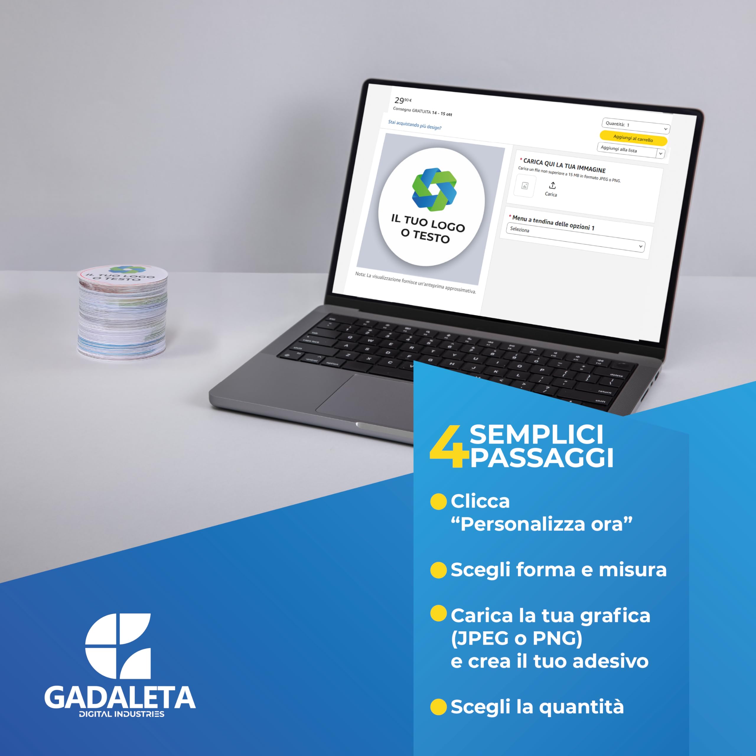 Gadaleta Digital Industries -100 Etichette Adesive Personalizzate -Sticker Personalizzati con Logo - Etichette Scuola, Ufficio, Packaging - 4 Forme: Tondo, Rettangolare, Ovale, Quadrato
