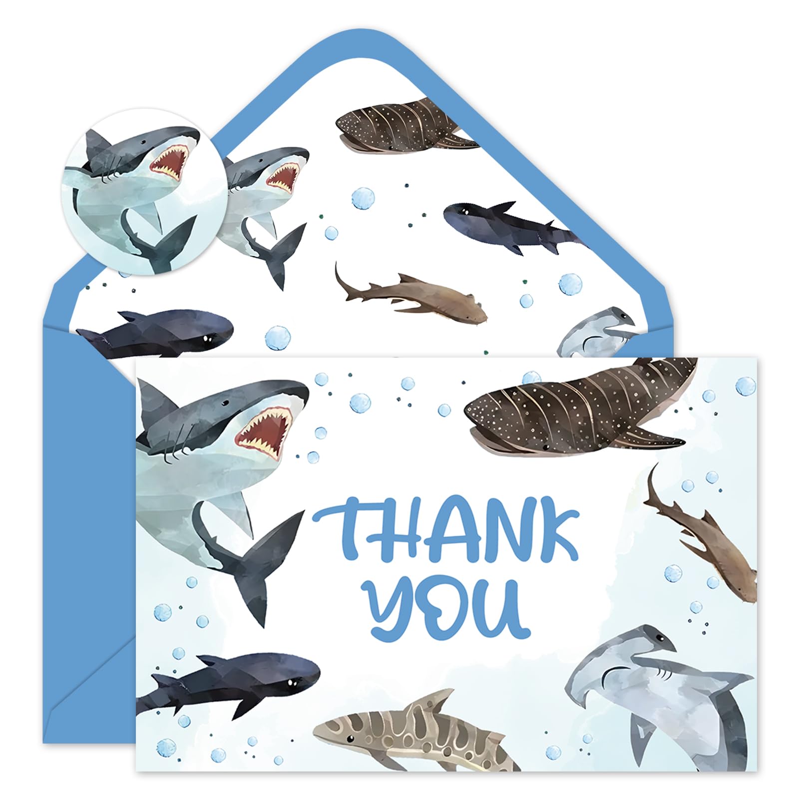 FYSUIMU 24 Pack Shark Thank You Cards Bulk Blue Bubble Shark Blank Note Card with Envelopes Stickers Ocean Greeting Card for Summer Baby Shower