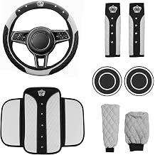 Wuyaoyao 8PCS Car Accessories Set, Bling Crown Leather Car Steering Wheel Cover w/Armrest Pad, Seat Belt Cover Pads, Gear Shift & Handbrake Covers, Cup Holder Coasters, Auto Interior Decor White
