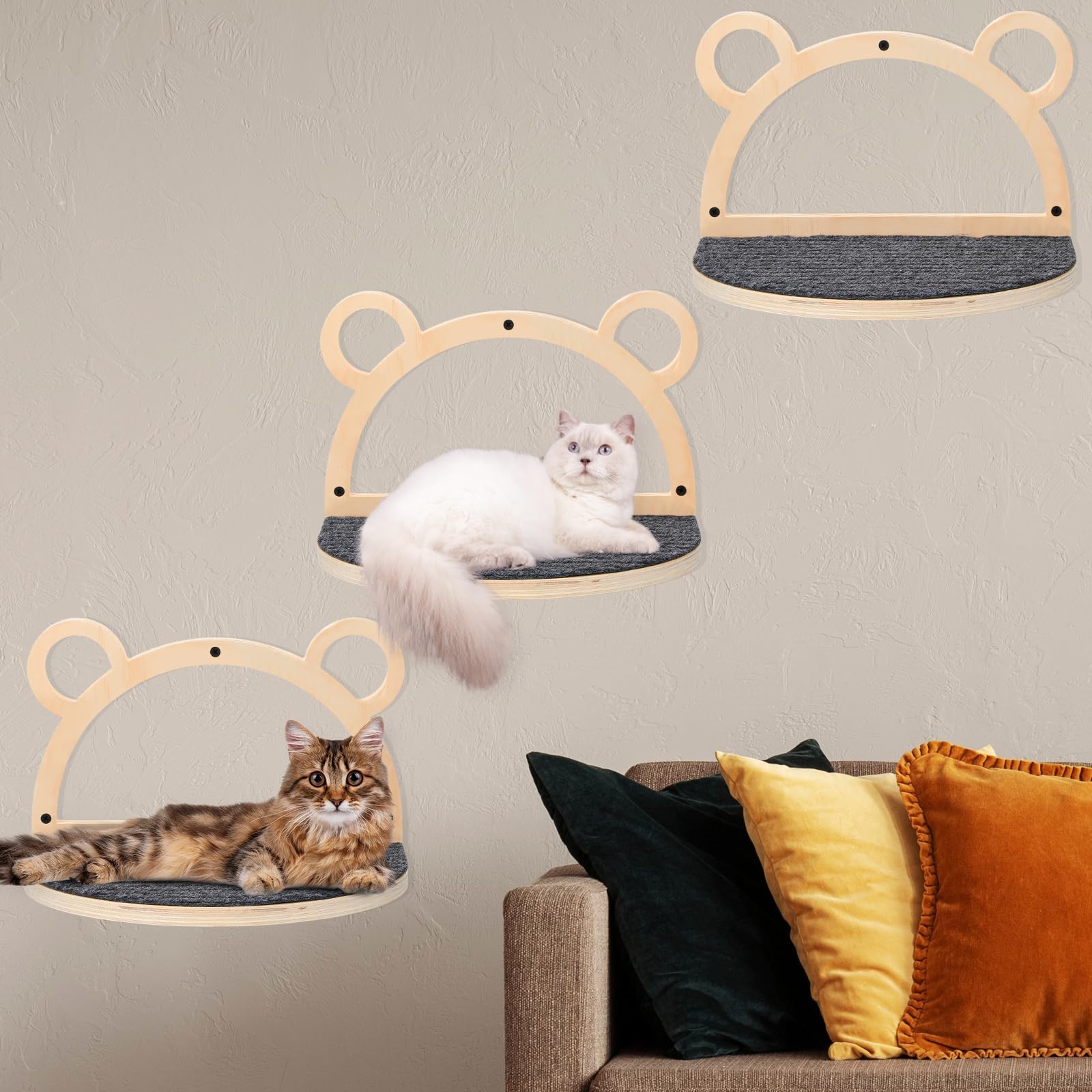 Qunclay 3 Pack Large Cat Wall Shelves Cat Wall Step Cat Wall Furniture Cat Corner Shelf Climbing Scratching Perch Shelves Bear Head Shaped Felt Ladder for Playing Sleeping Lounging