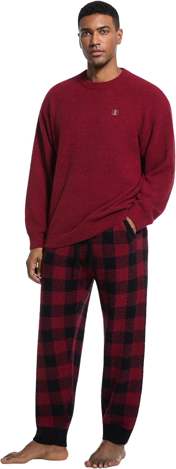 SlumberMee Mens Fleece Plush Pajama Set Ultra Soft Fluffy Warm Pjs Long Sleeve Top & Bottom Knit Winter Sleepwear