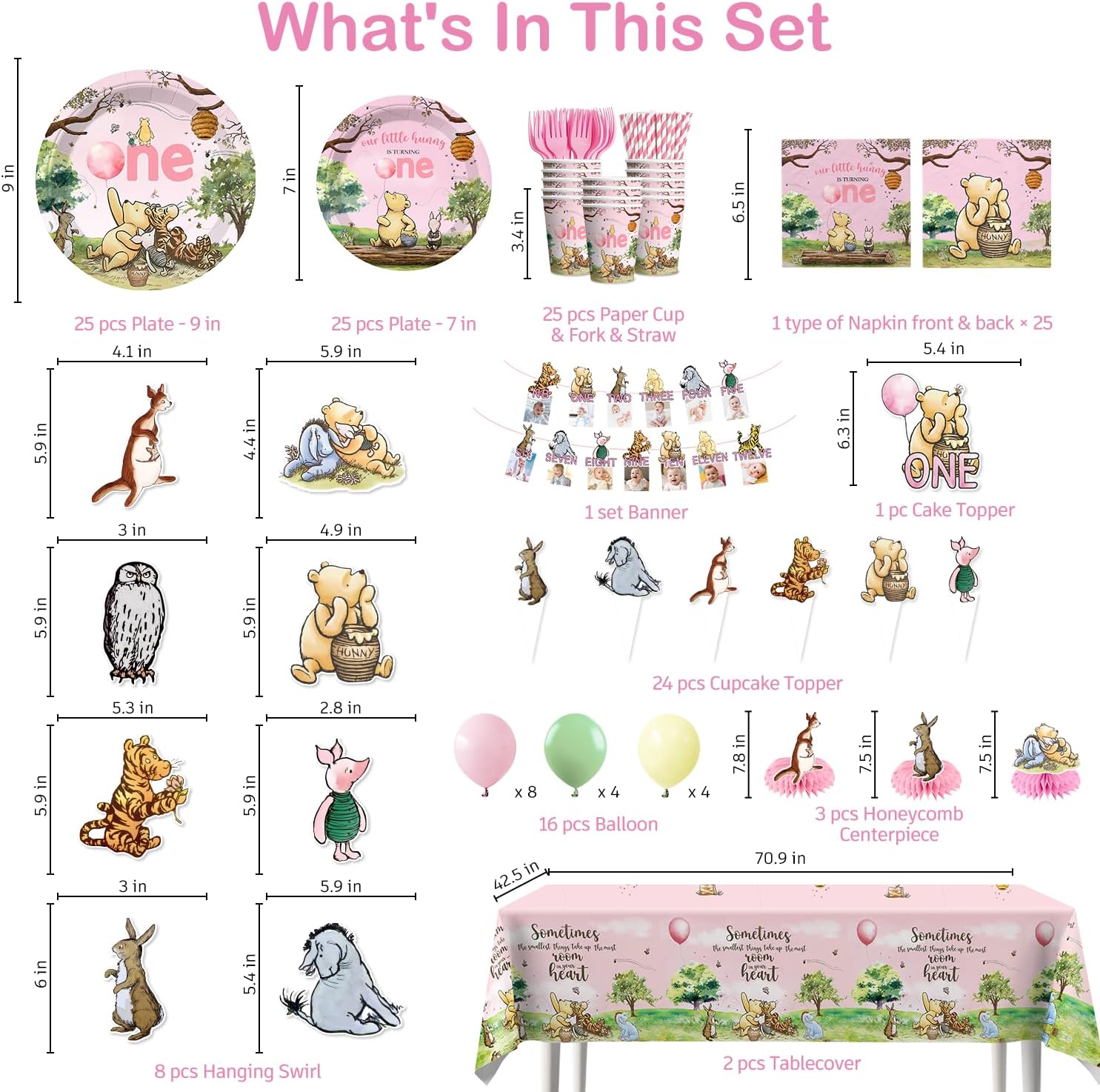 213Pcs Bear First Birthday Decorations for Girl Serves 25 Guests, 1st Birthday Decorations Girl Include Banner, Plates, Napkin, Cup, Forks, Straw and Tablecloth, 1st Party Decorations - Image 2