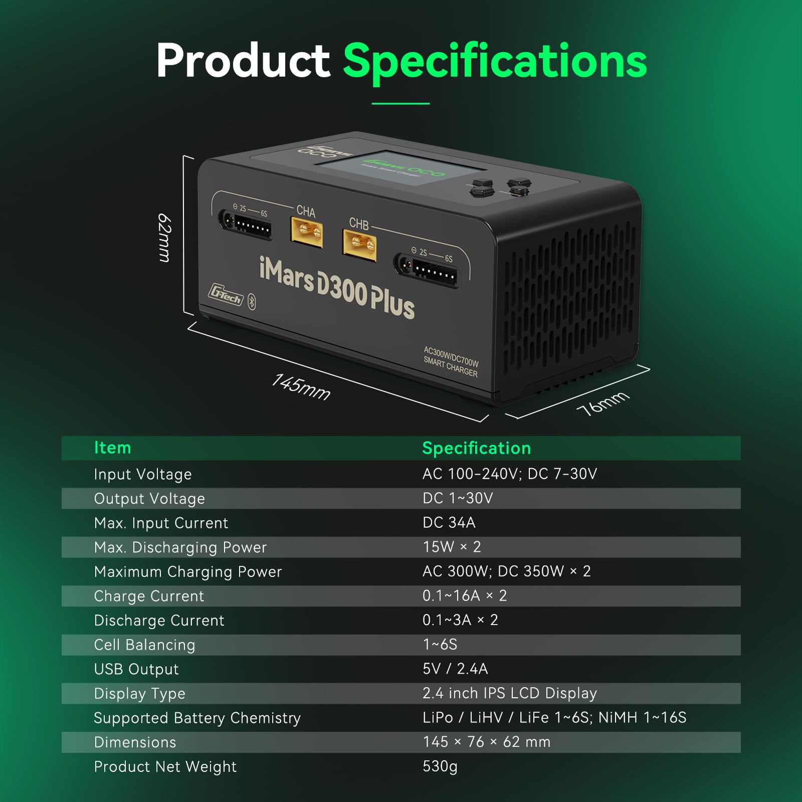 Gens Ace Bluetooth czarna IMars D300 Plus Dual-Channel AC/DC Balance, 300 W AC/700 W DC, maks. 16 A, 2,4 cala IPS, do 1-6S LiPo/1-16S NiMH