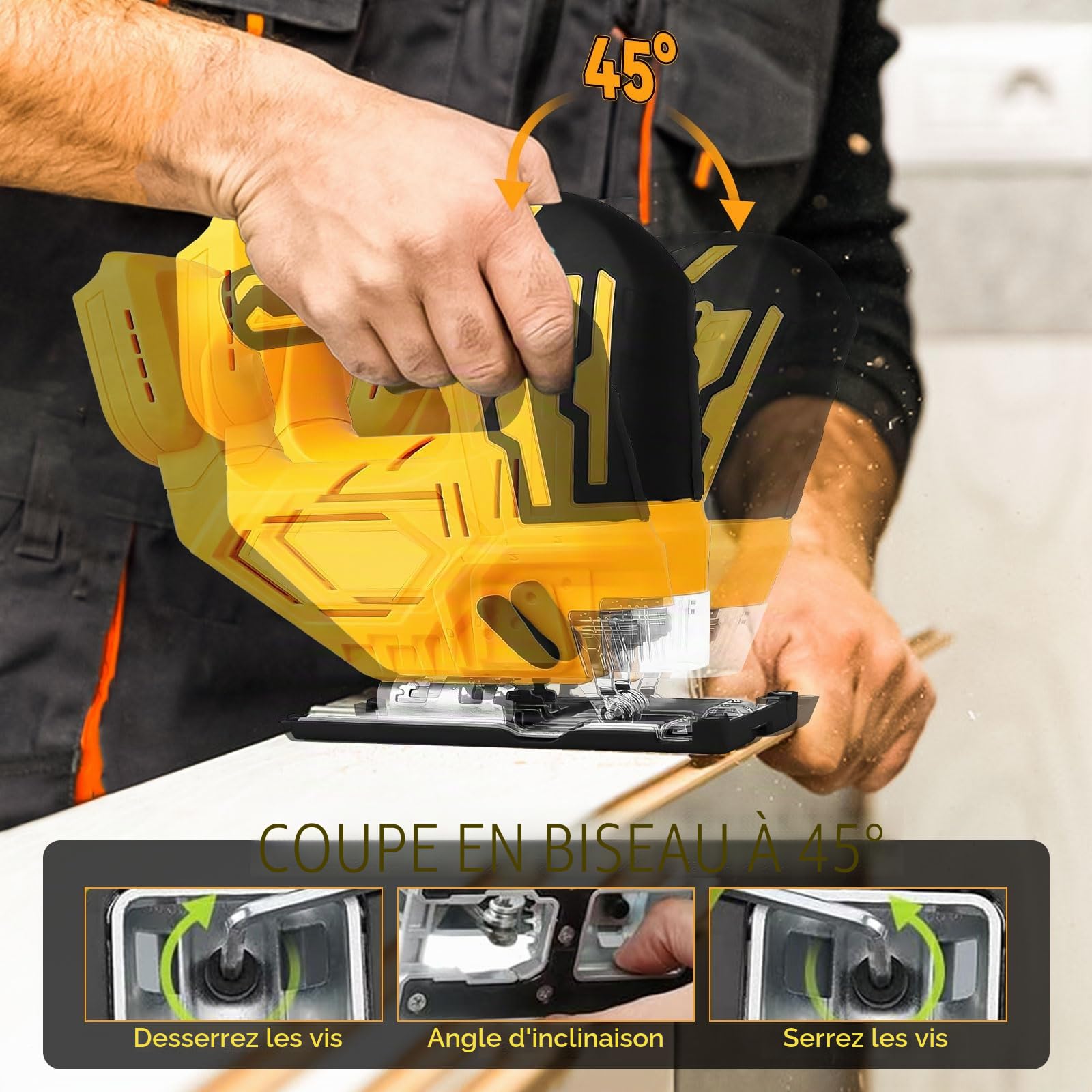 Scie sauteuse Dewalt 18/20 V, 400 W, 2900 tr/min, coupes biseautées 45°, 3 actions orbitales, lames pour droite/courbe/cercle