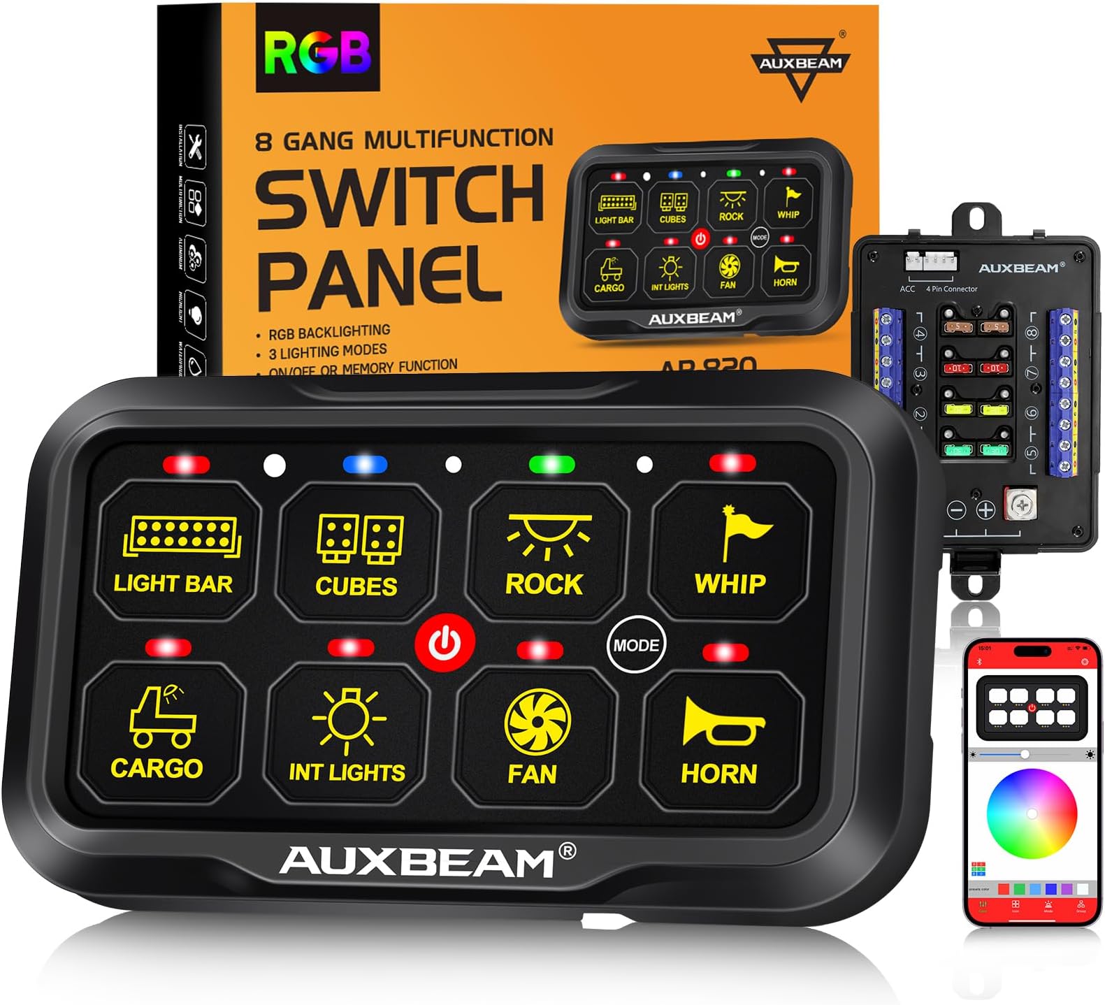 8 Gang Switch Panel AR-820 Bluetooth RGB Switch Pod Automatic Dimmable Multifunction Switch w/Toggle Momentary Pulsed Control Panel for UTV ATV Truck Car RV Boat Waterproof 3 Years Warranty