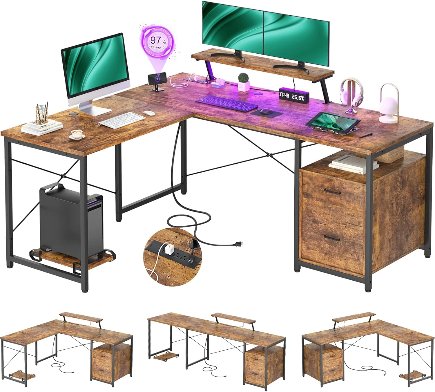 Unikito LShaped Desk with Power Outlet and LED Strip, 63” L Shaped