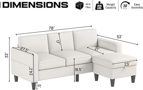 Miniatura 2 de ZeeFu Sofá modular convertible, moderno tapizado de tela de lino beige de 3 asientos en forma de L, juego de muebles con otomana de almacenamiento