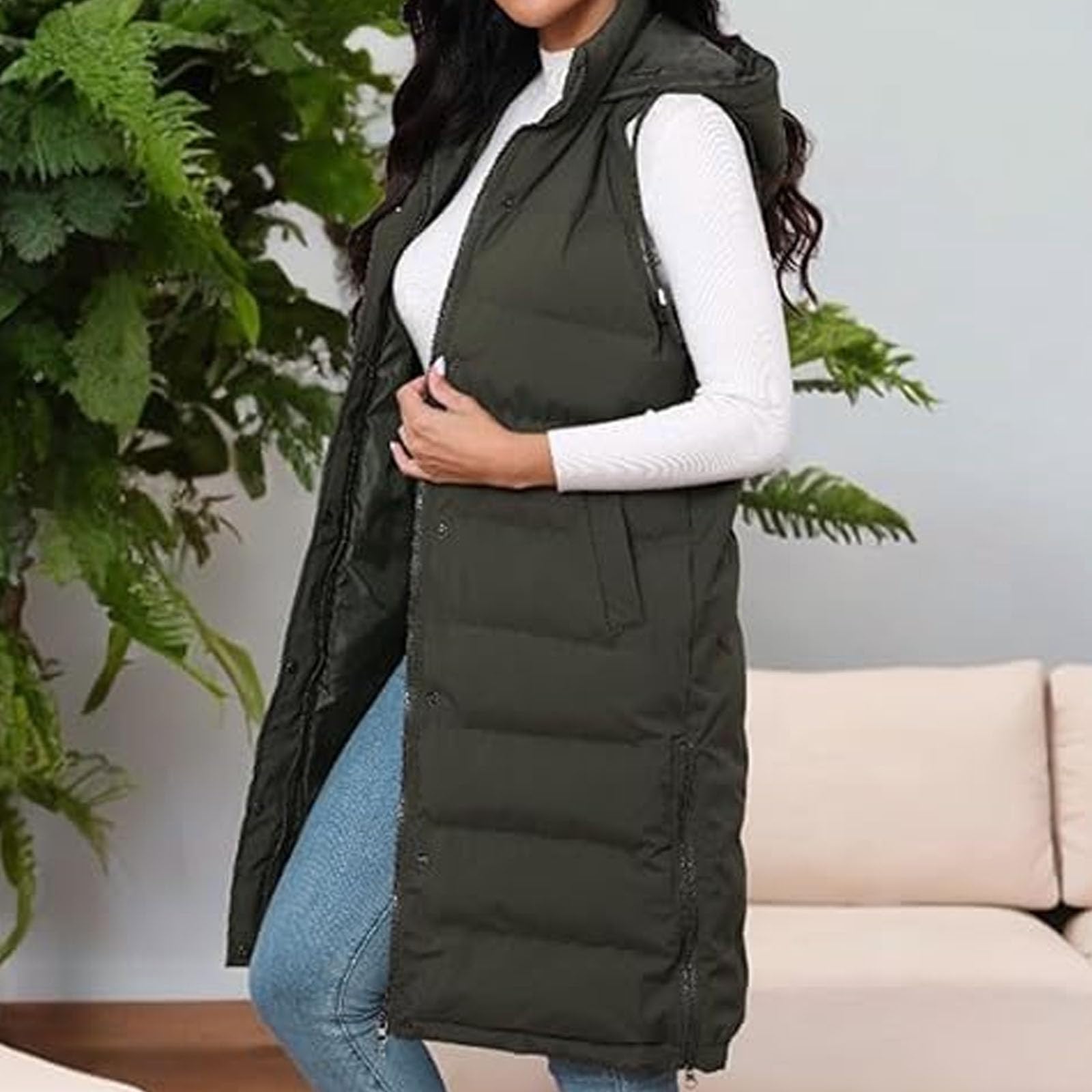 Chaleco largo sin mangas con cremallera para mujer, chaleco largo acolchado con capucha para mujer, chalecos gruesos de color sólido, chalecos clásicos de moda, cómodos y térmicos, chaquetas sin
