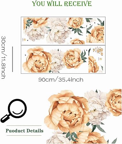 Miniatura 4 de sacinora - Calcomanías de pared grandes con flores de peonías amarillas, delicadas peonías y rosas, calcomanías de pared removibles de vinilo para