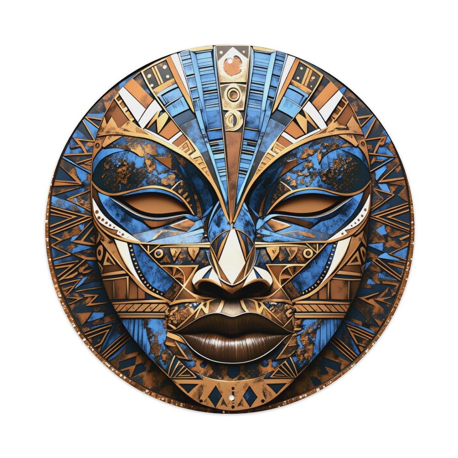 Geometric Tribal Art Mask Design Round Tin Sign Vintage Metal Poster, Home Bar Garage Man Cave Cafe Indoor & Outdoor Wall Decoration 8x8Inches