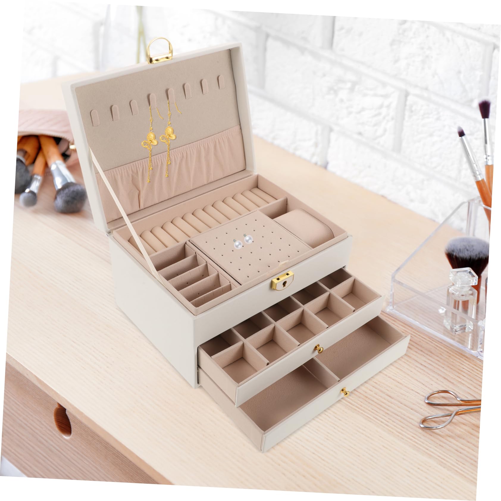 Boîte à Bijoux 3 Niveaux en Similicuir Blanc avec Verrou, Grand Coffret