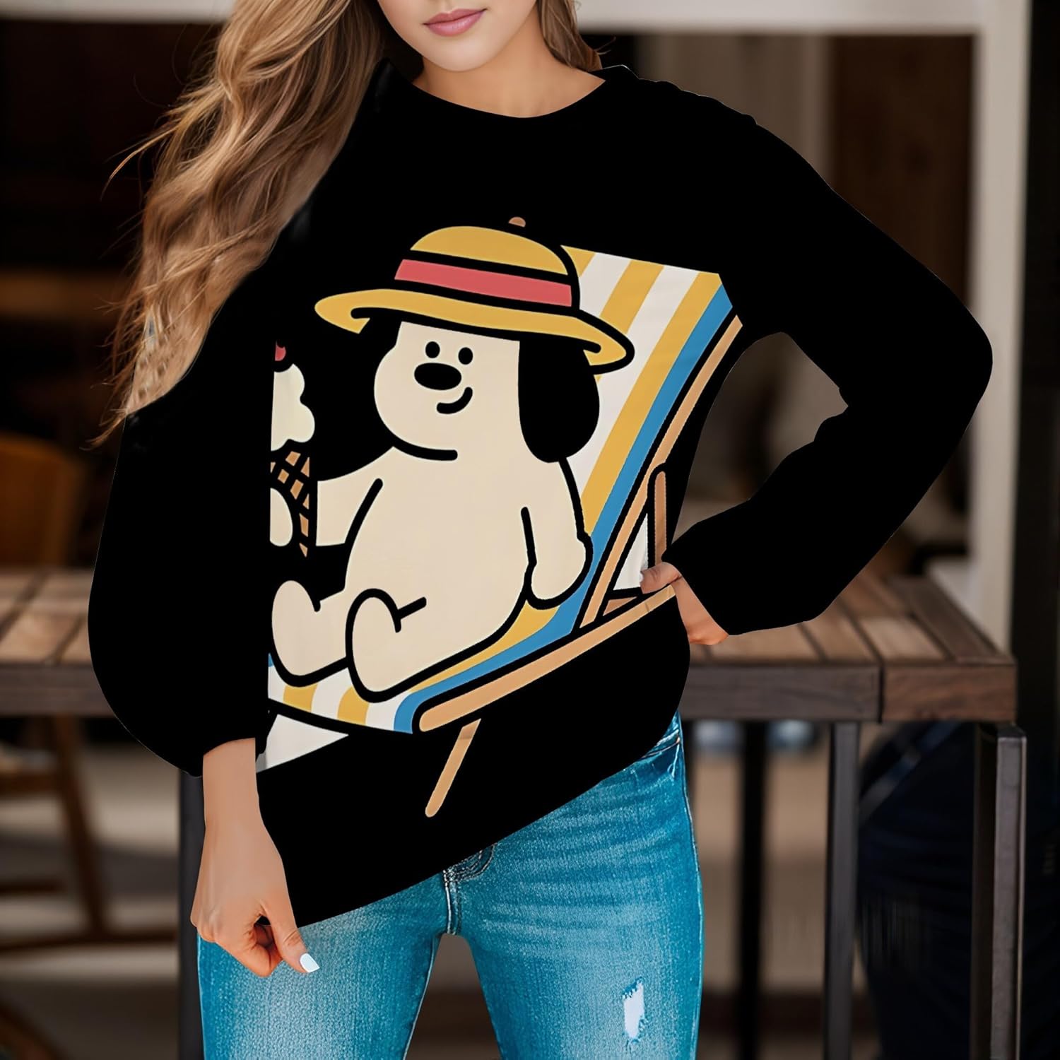 Womens Pullover Sweatshirts Lightweight Crewneck Sweatshirt Cute Animal Graphic Long Sleeve Pullover Trendy Outfits - Image 2