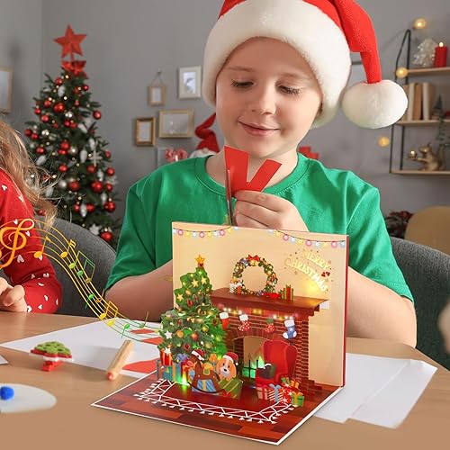 Miniatura 5 de Hxezoc Tarjeta de Navidad con luces para chimenea en 3D, Wish You A Merry Christmas Music Play Tarjetas de regalo de Navidad para familiares,