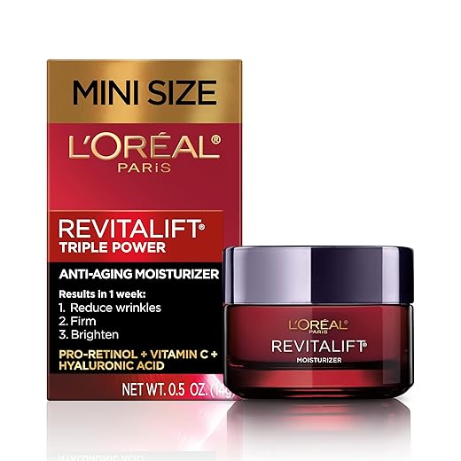 L’Oréal Paris Revitalift Triple Power Anti-Aging Face Moisturizer, Pro Retinol, Hyaluronic Acid & Vitamin C, Reduce Wrinkles .5 Oz