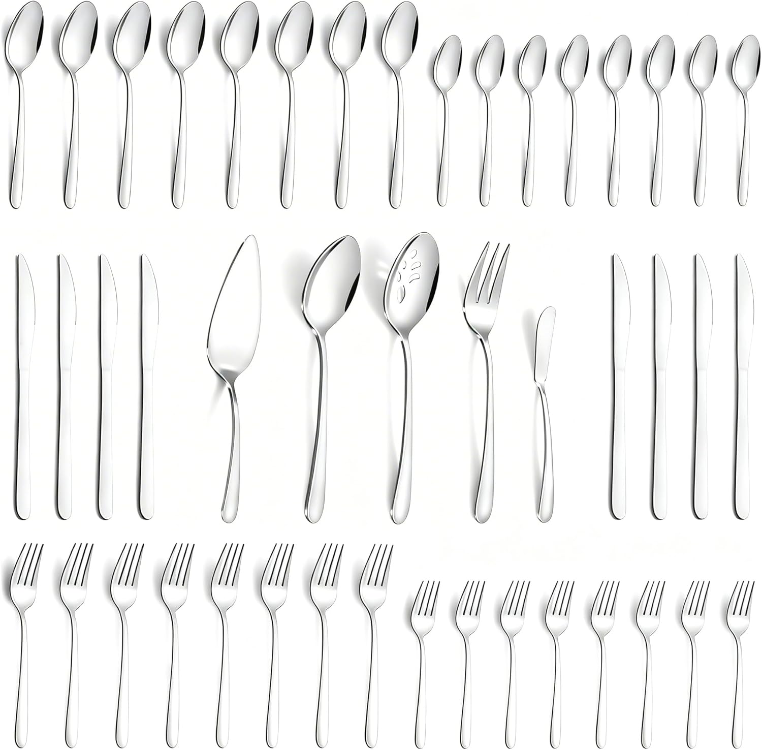 Pleafind Stainless Steel Silverware Set - 45 Piece Flatware Set for 8 People, Including 5 Serving Utensils, Forks, Spoons, Knives, Mirror Polished Flatware for Home, Restaurant, Dishwasher Safe