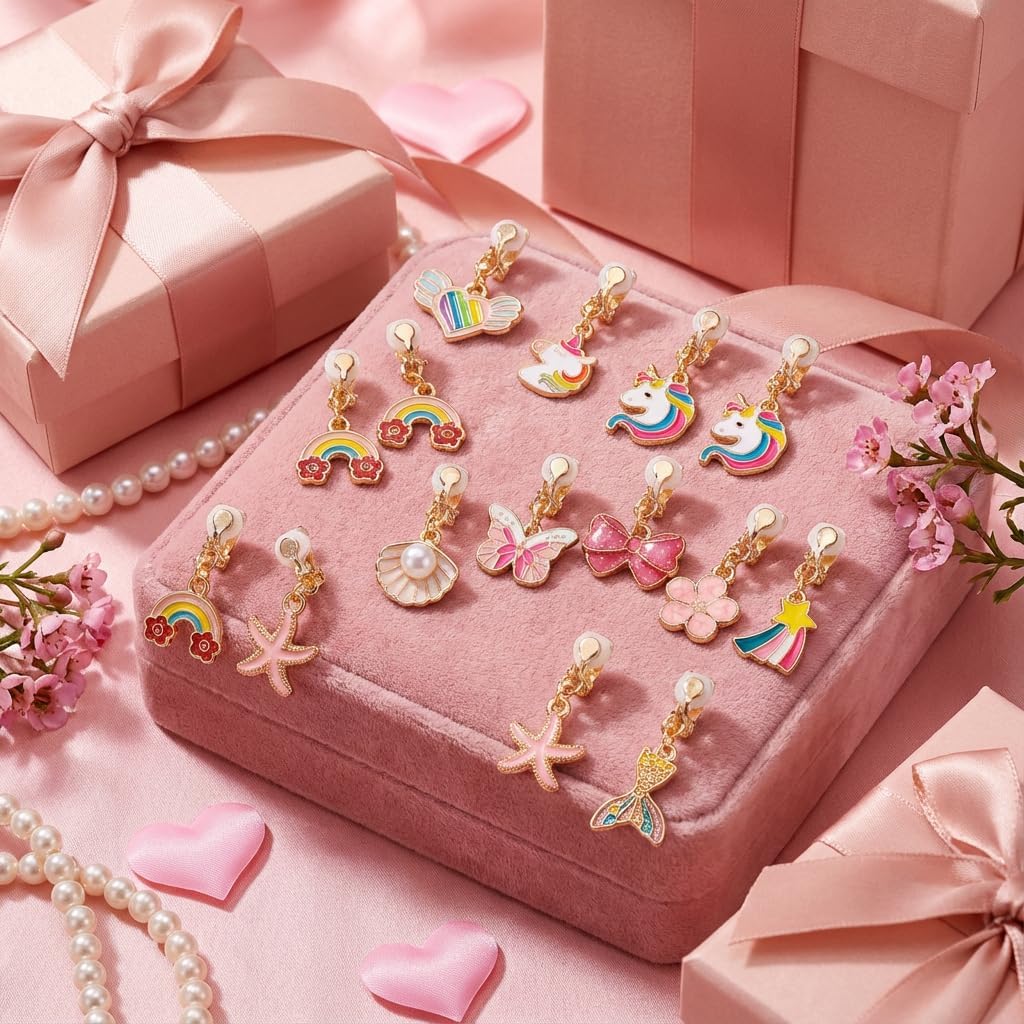 12 Pairs Kids Clip-on Earrings - Cute Unicorn Designs, Non-Pierced Dress Up Alloy Jewelry for 4-12 Year Old Girls Birthday Christmas Valentine's Day Holiday Gifts,Party favors Kids Toys - Image 2