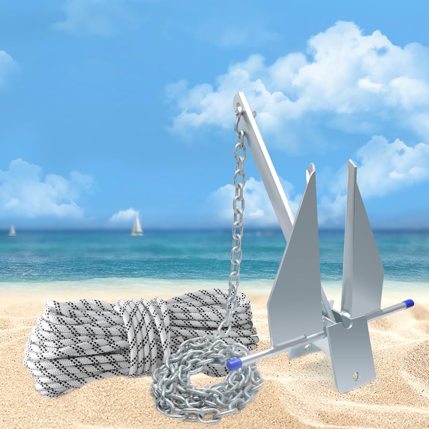 5/8/10/13 lb Galvanized Danforth Anchor, Includes 98 ft Rope, 8 ft Chain and Fluke Anchor Kit, Boat Anchor Kit for 8-32 ft Pontoon Dinghy Fishing bass Jon Small Sailboats and Inflatable Boats