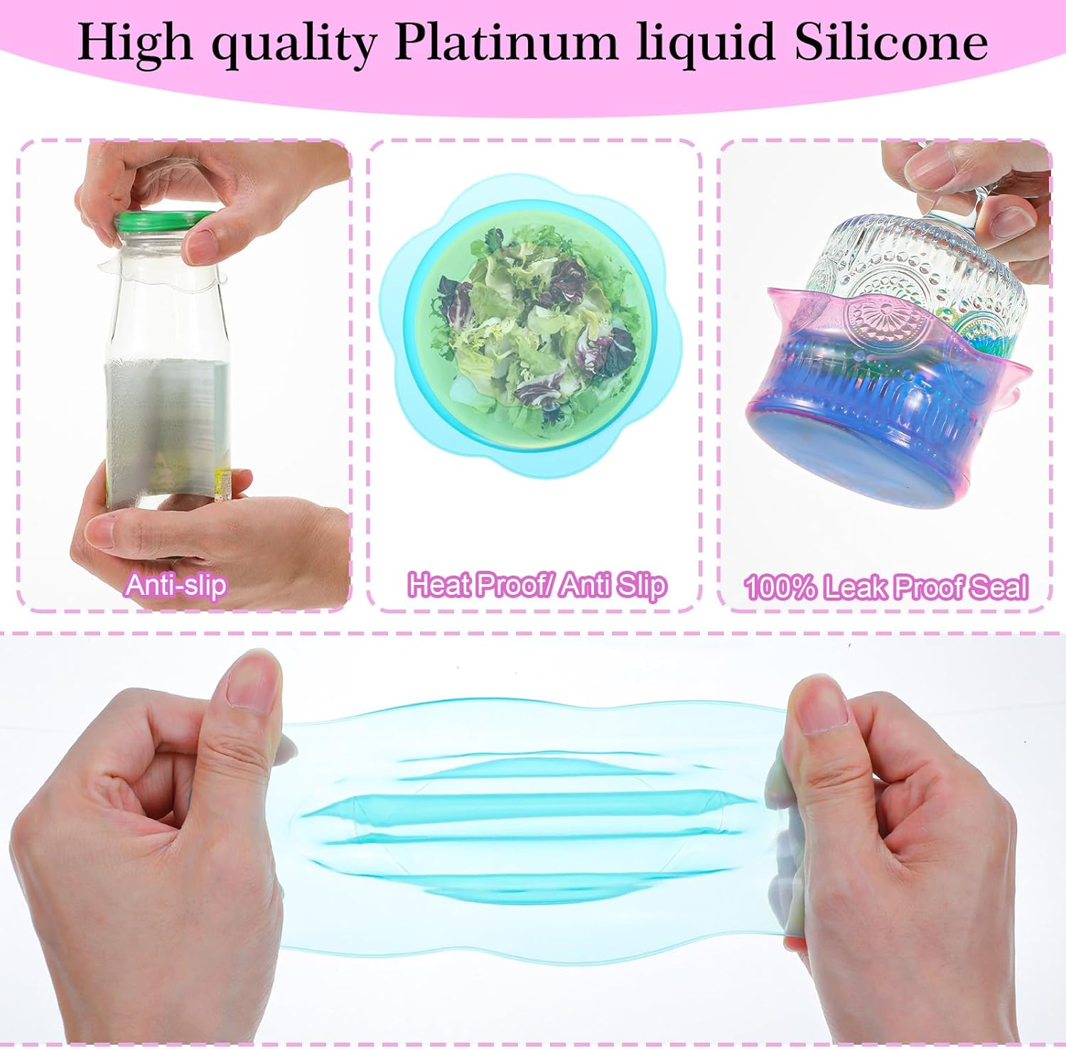 3pcs Silicone Stretch Lids for Food Storage in Fridge Reusable Elastic Bowl Covers for Cup Cans Jars Round & Rectangle Container Food Grade Silicone Microwave Bowl Cover Leak‑Proof - Image 5