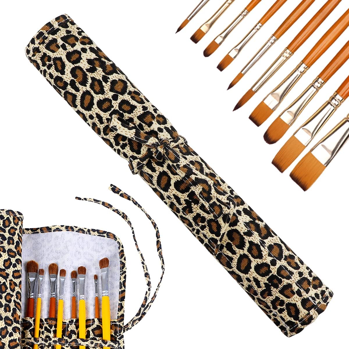 Yolufar 22 Slot Canvas Art Paint Brush Holder Canvas Brush Pouch Watercolor Paintbrushes Roll-Up Case Bag for Watercolor Oil Paint - Leopard Print Style