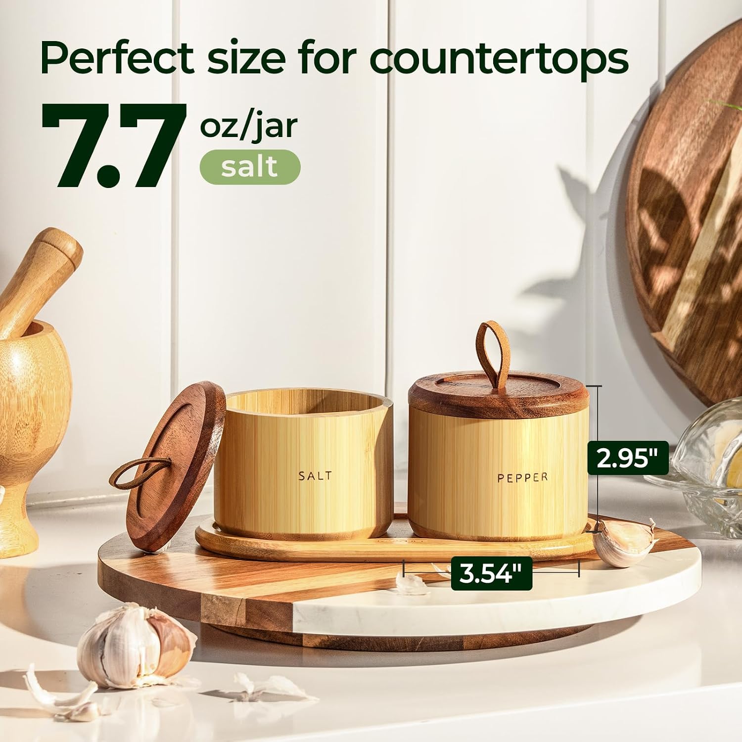 keechee Bamboo Salt Cellar with Acacia Lid & Spoon, 7.7oz Capacity with Built-In Spoon Slot & Labels, Two-Tone Countertop Seasoning Container (Single Compartment - 2 Pack)