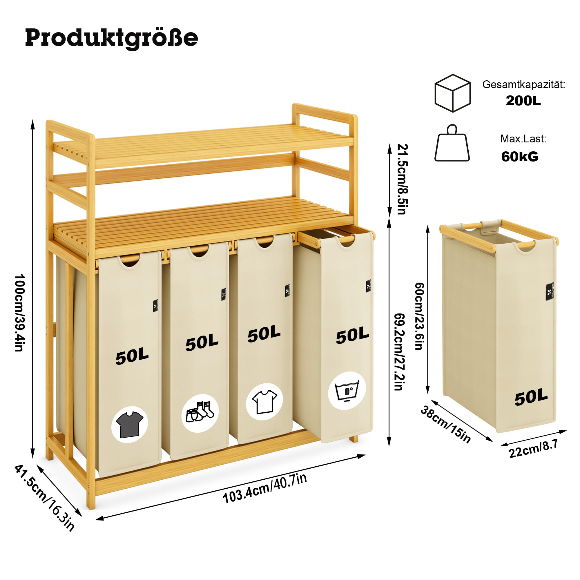 AdelDream Panier à linge 200L 4 compartiments 2 étagères | Panier à linge avec double étagère Sac à linge extensible et amovible Cadre en bambou beige