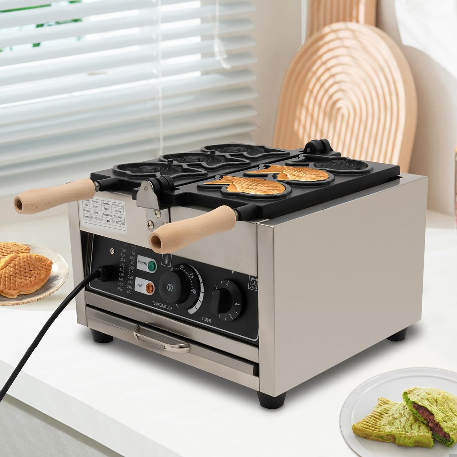 Commercial Taiyaki Fish Waffle Maker, 1.5KW Electric Countertop Taiyaki Machine, Waffle Making Machine with Crumb Tray & Intelligent Control for Fast Food Restaurants Tea Restaurants