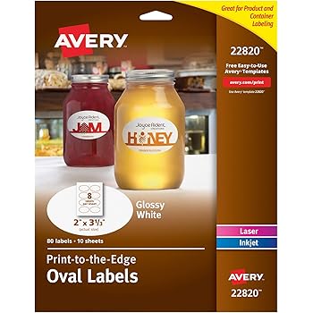 Avery Oval Labels with Sure Feed Laser & Inkjet Printers, 2" x 3-1/3", 80 Glossy White Labels (22820)