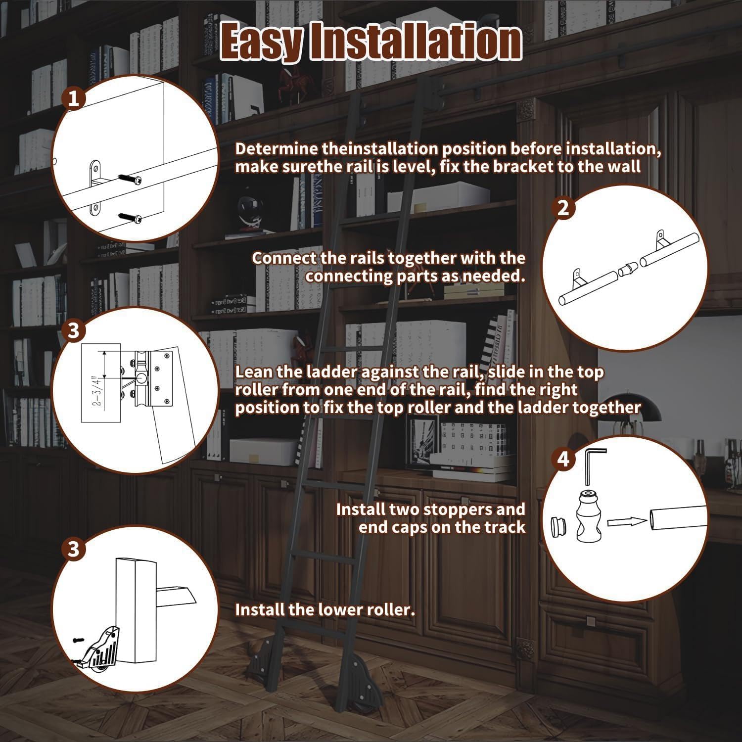 Kit de hardware de escalera de biblioteca rodante telescópico - deslizamiento con rodillos de piso para almacenamiento vertical, sin ocupar espacio de piso - fácil de instalar,10ft/3m Track Kit