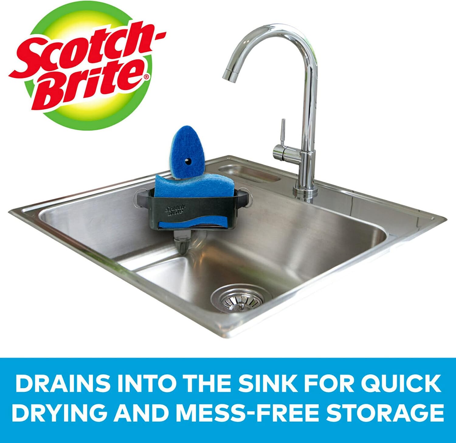 Scotch-Brite Sink Corner Caddy with Non-Scratch Scrub Sponge, Save Counter Space, Sponge Holder